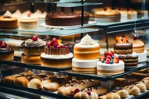 veel verschillend types van cakes zijn Aan Scherm in een glas geval. ai-gegenereerd foto