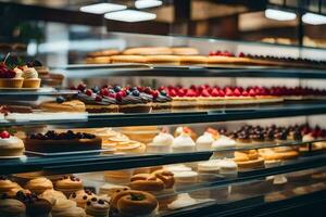 veel verschillend types van gebakjes zijn Aan Scherm in een bakkerij. ai-gegenereerd foto
