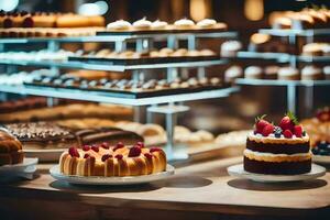 een verscheidenheid van cakes en gebakjes Aan Scherm in een bakkerij. ai-gegenereerd foto