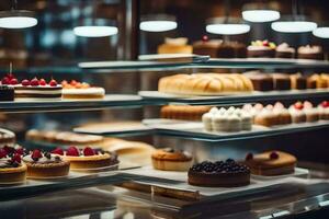 veel verschillend types van cakes zijn Aan Scherm in een bakkerij. ai-gegenereerd foto