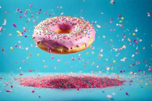 een donut met hagelslag en roze glimmertjes is vliegend in de lucht. ai-gegenereerd foto