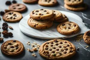 een bord van koekjes met chocola chips en noten. ai-gegenereerd foto