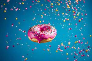 een donut met hagelslag Aan een blauw achtergrond. ai-gegenereerd foto