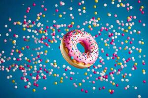 een donut met hagelslag Aan een blauw achtergrond. ai-gegenereerd foto