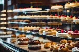 veel verschillend types van cakes zijn Aan Scherm in een bakkerij. ai-gegenereerd foto