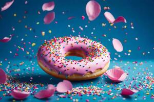 een roze donut met hagelslag en roze bloemblaadjes. ai-gegenereerd foto