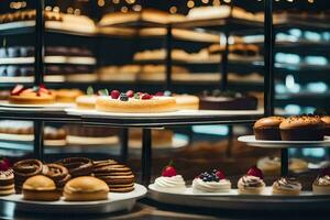 een Scherm van cakes en gebakjes in een bakkerij. ai-gegenereerd foto