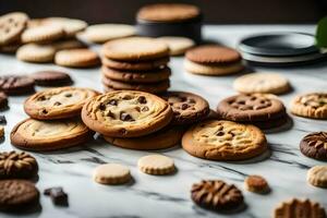 een verscheidenheid van koekjes en koekjes Aan een marmeren balie. ai-gegenereerd foto