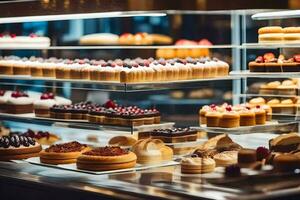 veel verschillend types van gebakjes zijn Aan Scherm in een bakkerij. ai-gegenereerd foto