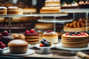 veel verschillend types van cakes zijn Aan Scherm in een bakkerij. ai-gegenereerd foto