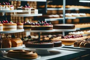 een bakkerij Scherm met veel verschillend types van taarten. ai-gegenereerd foto