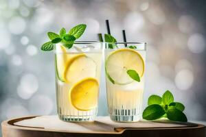 twee bril van limonade met munt bladeren Aan een houten tafel. ai-gegenereerd foto