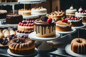 een verscheidenheid van cakes zijn weergegeven Aan een tafel. ai-gegenereerd foto