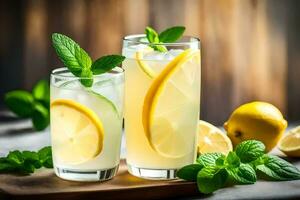 twee bril van limonade met munt bladeren en citroenen. ai-gegenereerd foto