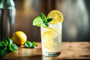 een glas van limonade met munt bladeren en citroenen. ai-gegenereerd foto