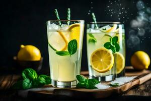 twee bril van limonade met munt bladeren en citroenen. ai-gegenereerd foto