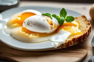 eieren Aan geroosterd brood met een plak van brood en een vork. ai-gegenereerd foto