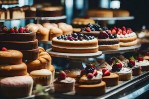 veel verschillend types van cakes zijn Aan Scherm in een bakkerij. ai-gegenereerd foto