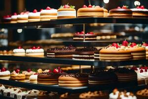 een Scherm van cakes in een bakkerij. ai-gegenereerd foto