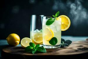 limonade met munt bladeren en citroenen Aan een houten bord. ai-gegenereerd foto