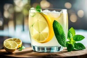 limonade in een glas met munt bladeren. ai-gegenereerd foto