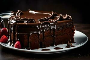 een stuk van chocola taart met chocola glimmertjes en aardbeien. ai-gegenereerd foto