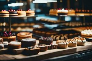 veel verschillend types van cakes zijn Aan Scherm in een bakkerij. ai-gegenereerd foto