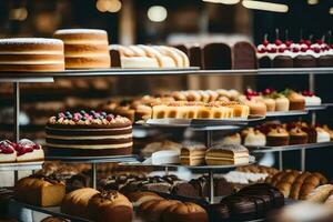 veel verschillend types van cakes zijn Aan Scherm in een bakkerij. ai-gegenereerd foto