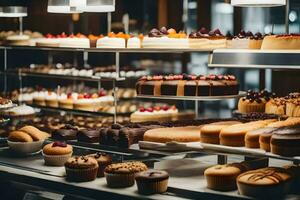 veel verschillend types van cakes zijn Aan Scherm in een bakkerij. ai-gegenereerd foto