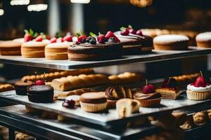 een verscheidenheid van cakes en gebakjes Aan Scherm in een bakkerij. ai-gegenereerd foto