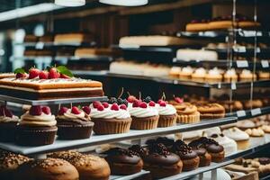 veel verschillend types van cakes zijn Aan Scherm in een bakkerij. ai-gegenereerd foto