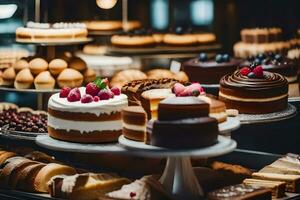 veel verschillend types van cakes zijn Aan Scherm in een bakkerij. ai-gegenereerd foto