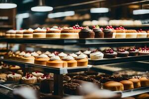 veel verschillend types van cakes zijn Aan Scherm in een bakkerij. ai-gegenereerd foto