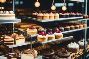 een Scherm van cakes en gebakjes in een bakkerij. ai-gegenereerd foto