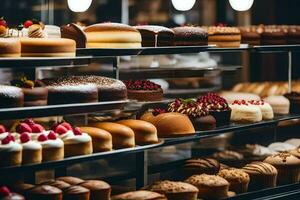 veel verschillend types van cakes zijn Aan Scherm in een bakkerij. ai-gegenereerd foto