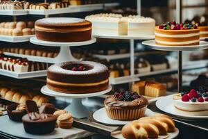 veel verschillend types van cakes zijn Aan Scherm in een bakkerij. ai-gegenereerd foto