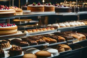 veel verschillend types van cakes zijn Aan Scherm in een bakkerij. ai-gegenereerd foto