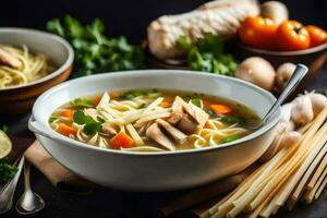 kip noodle soep met groenten en noedels in een schaal. ai-gegenereerd foto