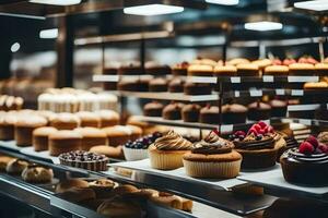 veel verschillend types van cakes zijn Aan Scherm in een bakkerij. ai-gegenereerd foto