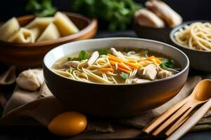 kip noodle soep met noedels en groenten in een schaal. ai-gegenereerd foto