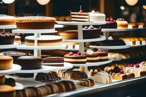 veel verschillend types van cakes zijn Aan Scherm in een bakkerij. ai-gegenereerd foto