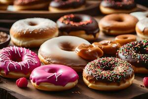 een verscheidenheid van donuts zijn geregeld Aan een tafel. ai-gegenereerd foto