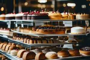 veel verschillend types van cakes zijn Aan Scherm in een bakkerij. ai-gegenereerd foto