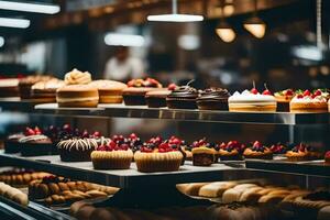 veel verschillend types van cakes zijn Aan Scherm in een bakkerij. ai-gegenereerd foto