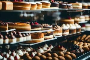 veel verschillend types van cakes zijn Aan Scherm in een bakkerij. ai-gegenereerd foto