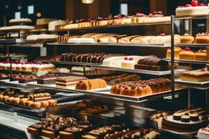 veel verschillend types van cakes zijn Aan Scherm in een bakkerij. ai-gegenereerd foto