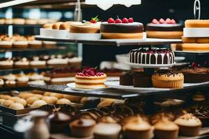 veel verschillend types van cakes zijn Aan Scherm in een bakkerij. ai-gegenereerd foto