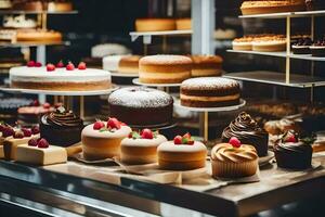 veel verschillend types van cakes zijn Aan Scherm in een bakkerij. ai-gegenereerd foto