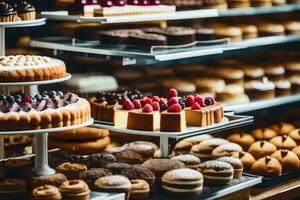 veel verschillend types van cakes zijn Aan Scherm in een bakkerij. ai-gegenereerd foto