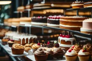 veel verschillend types van cakes zijn Aan Scherm in een bakkerij. ai-gegenereerd foto